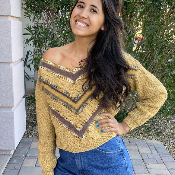 Off the Shoulder & Cropped Hand Knit Sweater